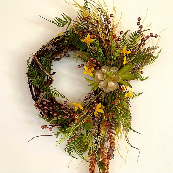 Yellow  wreath with wooden dragonflies and faux succulents - Picture 5 of 9